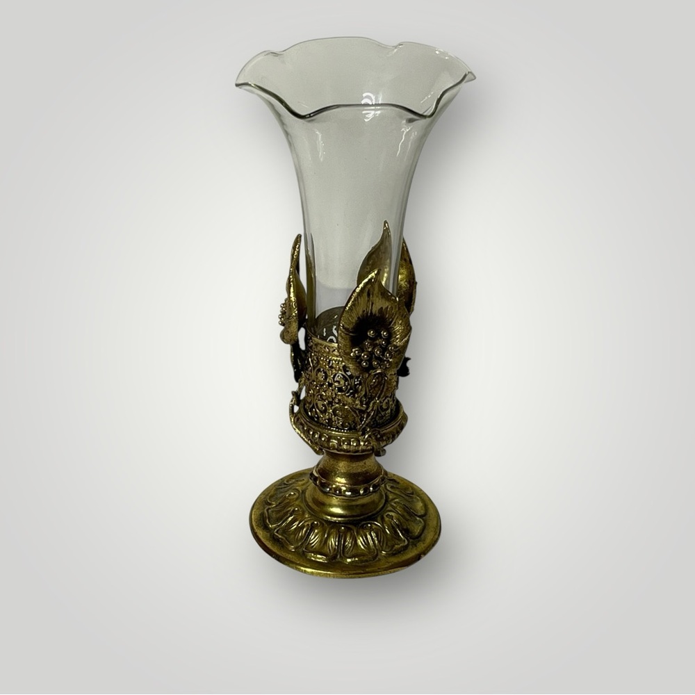 Hollywood Regency Peace Lily Removable Glass Bud Vase Gold Filigree Metal Holder
